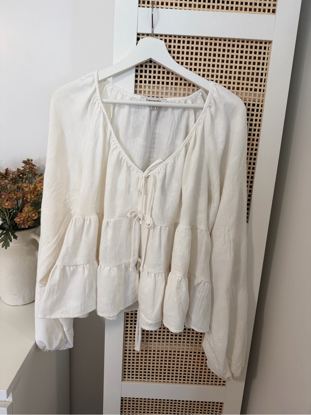 Francesca's Collections Cream Tiered Peasant Blouse with Tie